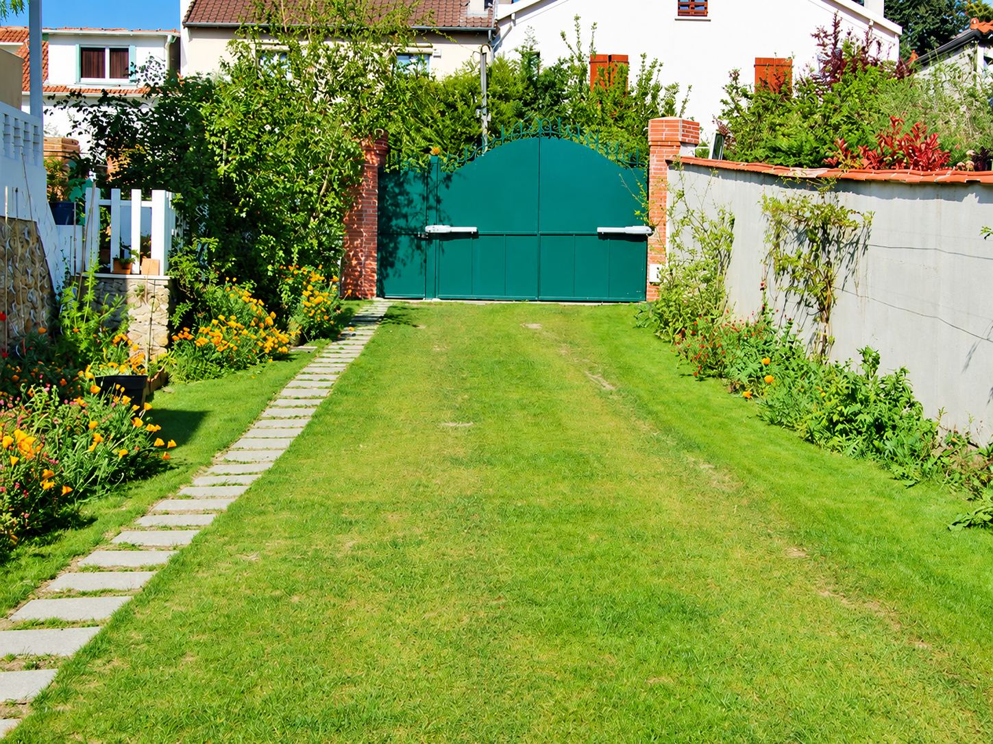 Allée de jardin avec gazon, portail vert et fleurs