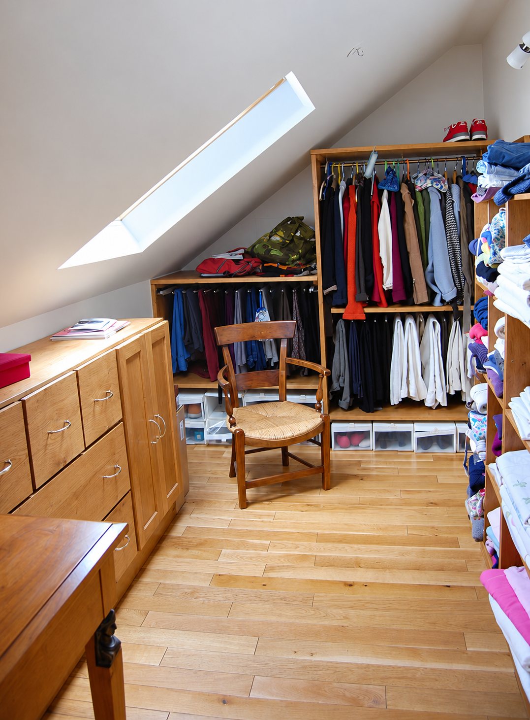 Dressing sous les combles avec rangements en bois sur mesure