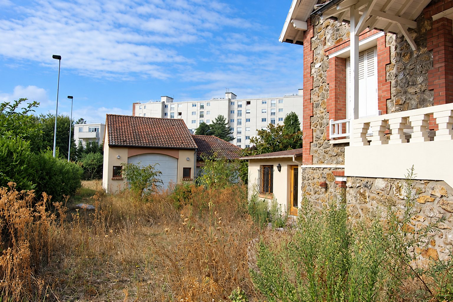 Maison en meulière et brique avec un jardin en friche devant un immeuble