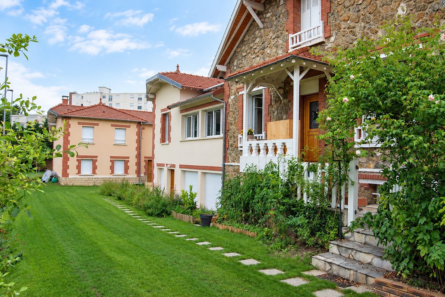 Maisons en meulière avec jardin, pelouse et chemin de dalles