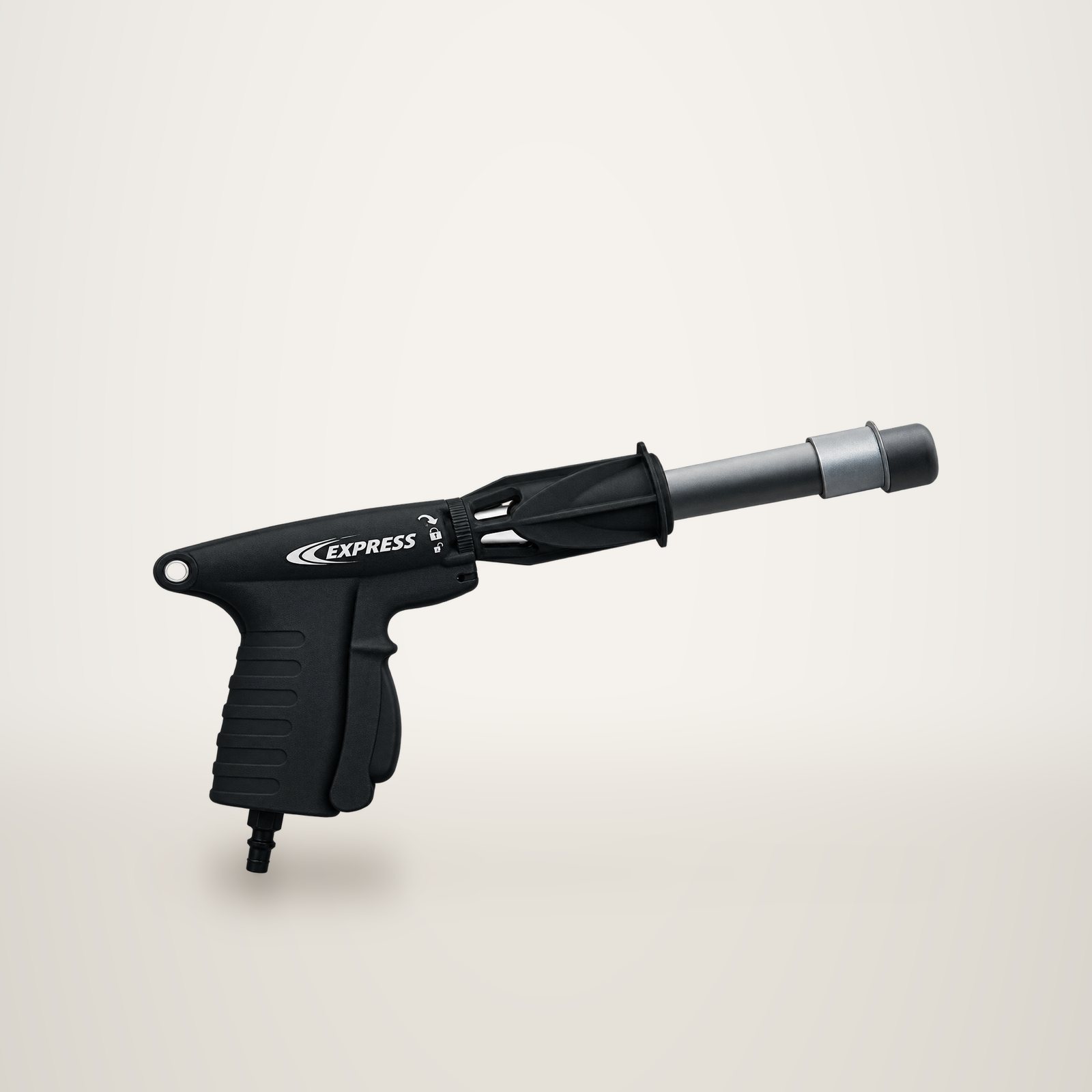Pistolet noir de la marque Express sur fond gris dégradé