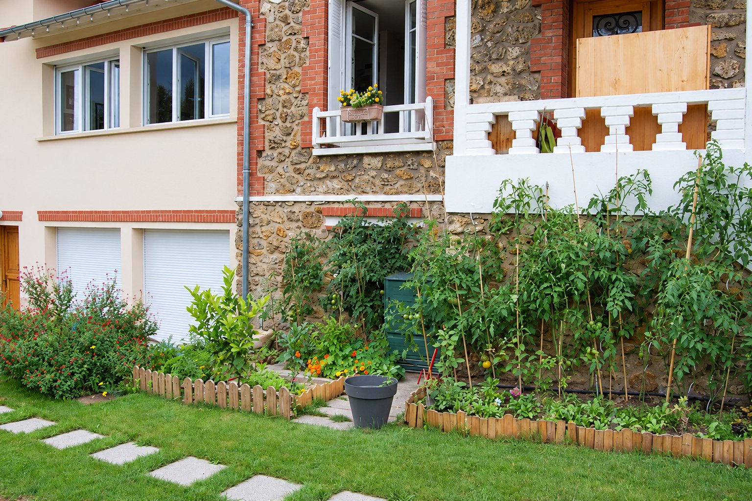 Potager de tomates devant une maison en meulière, pelouse et pas japonais